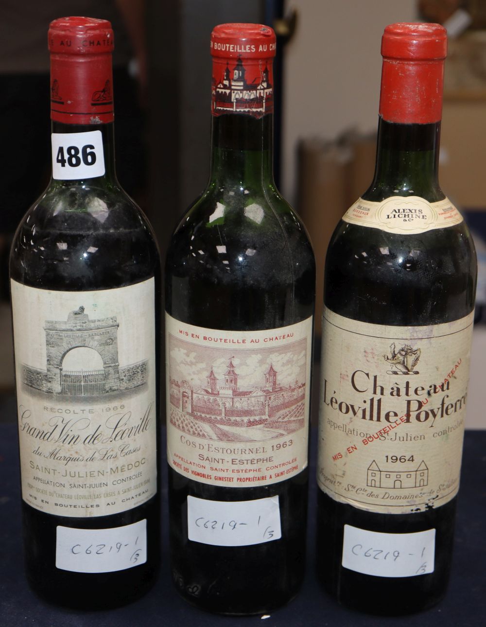 One bottle of Chateau Leoville-Las Cases, 1966, one bottle of Leoville Poyferre 1964 and a bottle of Cos DEstournel, 1963